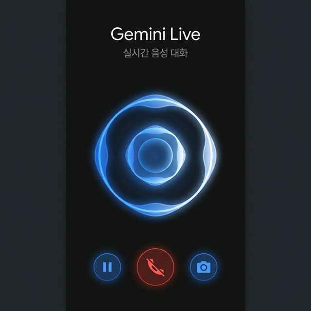 Gemini Live 실시간 음성 대화 화면 — 음성파형 애니메이션과 일시정지, 종료 버튼