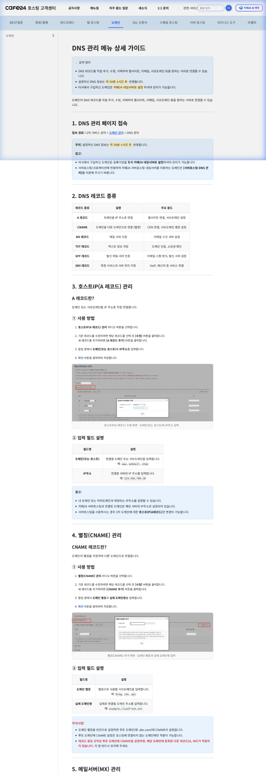 카페24 DNS 관리 설정 화면 (출처: 카페24 고객센터)