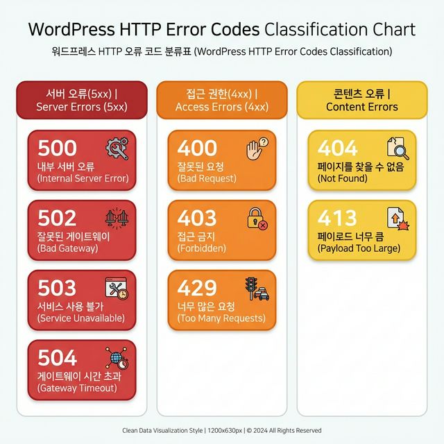 워드프레스 HTTP 에러 코드 분류표 — 서버 오류(5xx), 접근 권한(4xx), 콘텐츠 오류