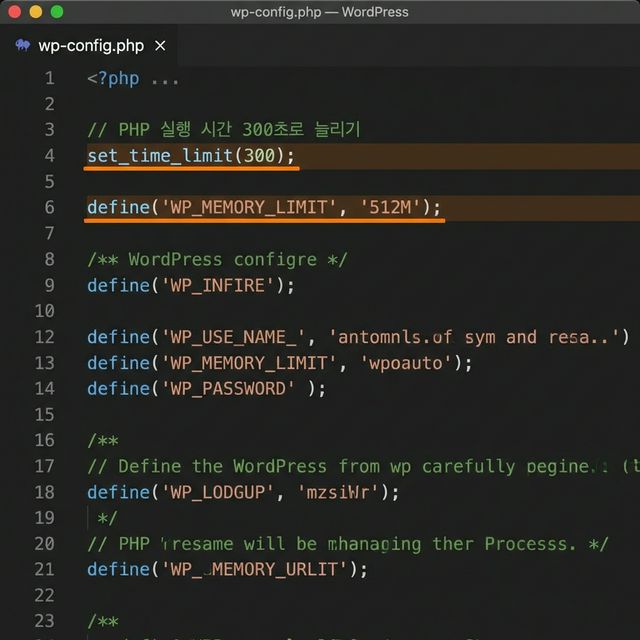 wp-config.php 파일에 set_time_limit(300)과 WP_MEMORY_LIMIT 설정 추가 화면