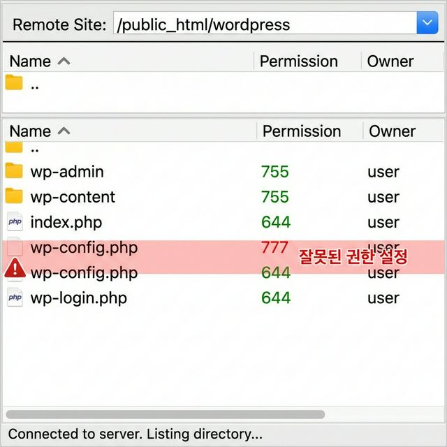 FTP 파일 관리자에서 파일 권한 설정 — 폴더 755, 파일 644 권장 설정