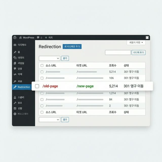 워드프레스 Redirection 플러그인으로 이전 URL을 새 URL로 301 리다이렉트 설정 화면