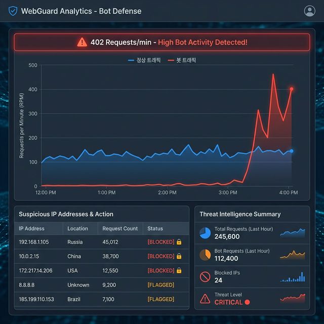 봇 트래픽 분석 대시보드 — 정상 트래픽과 봇 트래픽 비교, 의심 IP 차단 현황