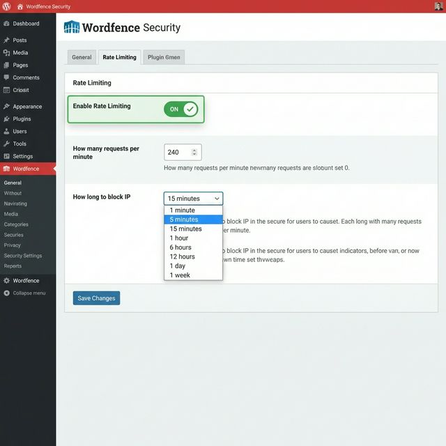 Wordfence 보안 플러그인 Rate Limiting 설정 화면 — Enable Rate Limiting 활성화 및 분당 요청 수 설정