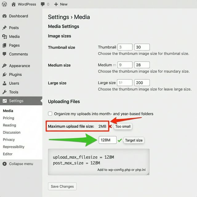 워드프레스 설정 → 미디어에서 최대 업로드 파일 크기 확인 — upload_max_filesize 128M으로 변경 필요