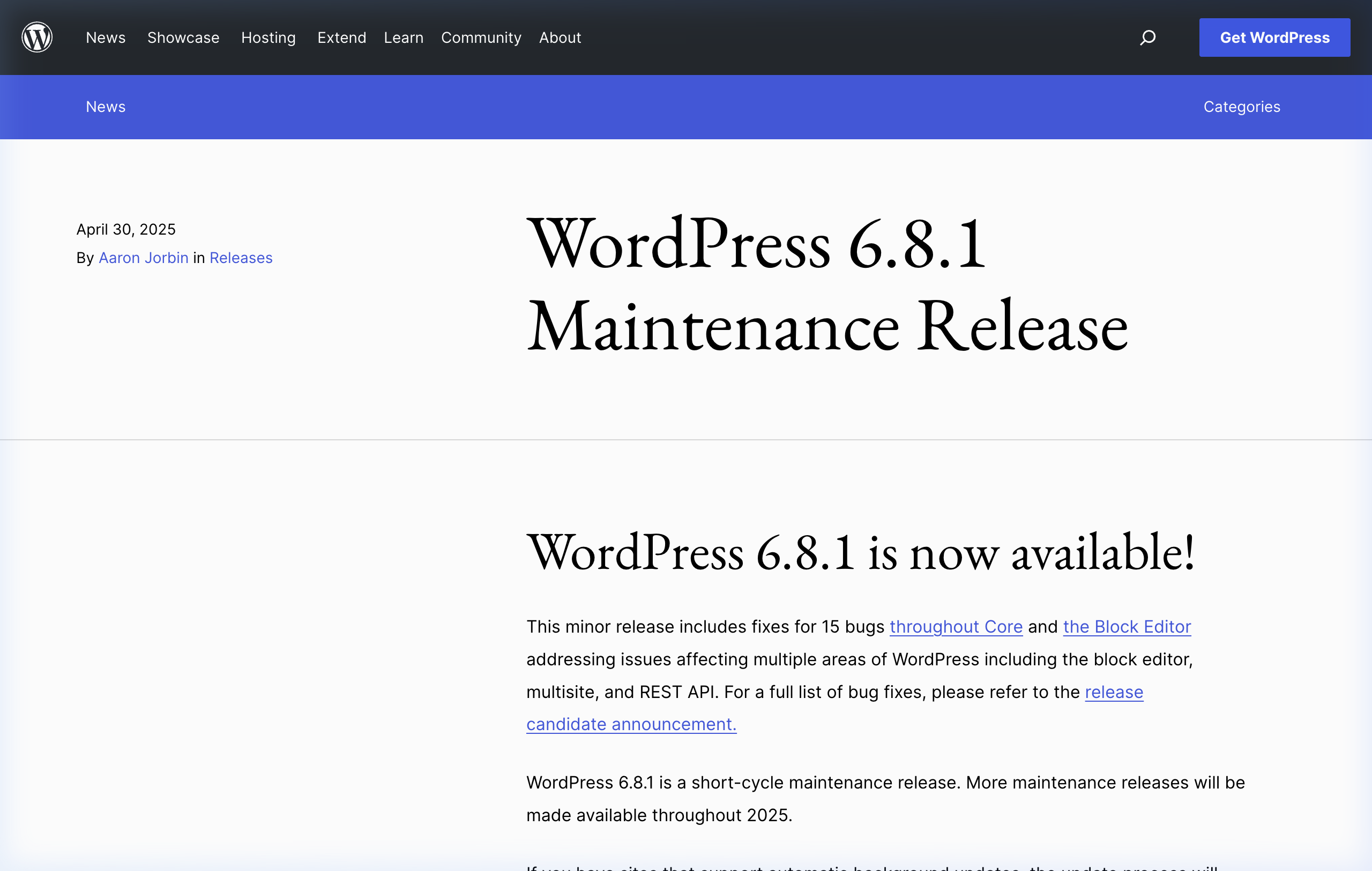 워드프레스 6.8 업데이트 화면과 WordPress 로고